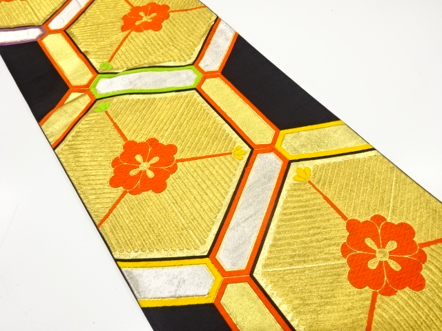 アンティーク　花に若松・亀甲模様織り出し袋帯（着用可）